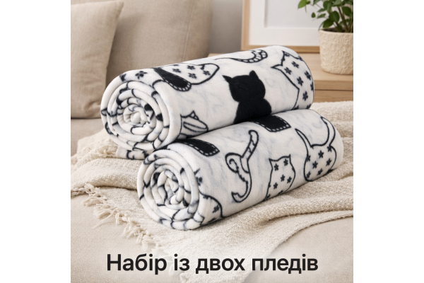 Набір із двох легких флісових пледів Чорні та білі котики 150x200 см Love You