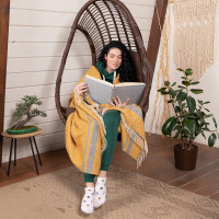 Плед Мериносовий однотонний із смужками білий-гірчиця-сірий Love You