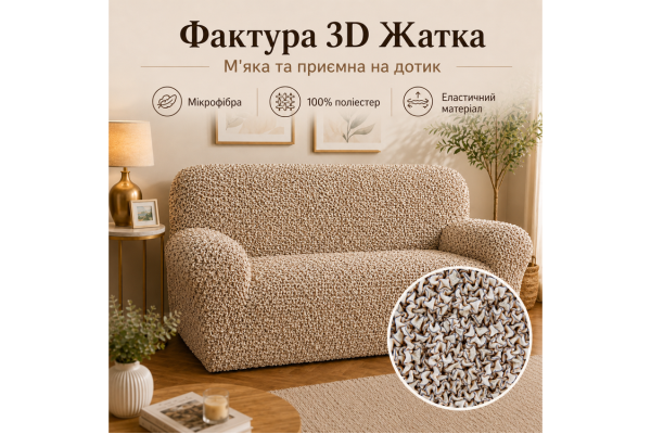 Еластичний чохол на 2-місний диван 3D Жатка бежевий Love You Italy