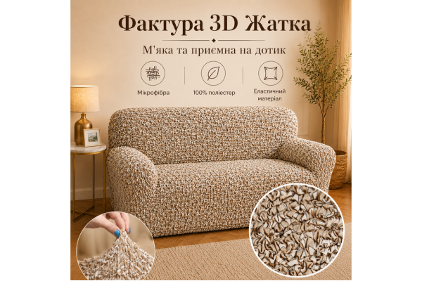 Еластичний чохол на 3-місний диван 3D Жатка бежевий Love You Italy