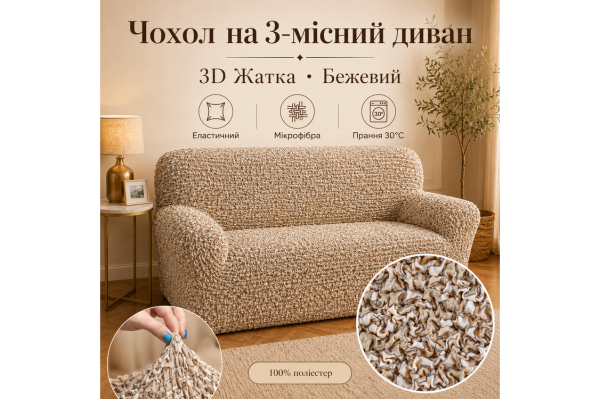 Еластичний чохол на 3-місний диван 3D Жатка бежевий Love You Italy