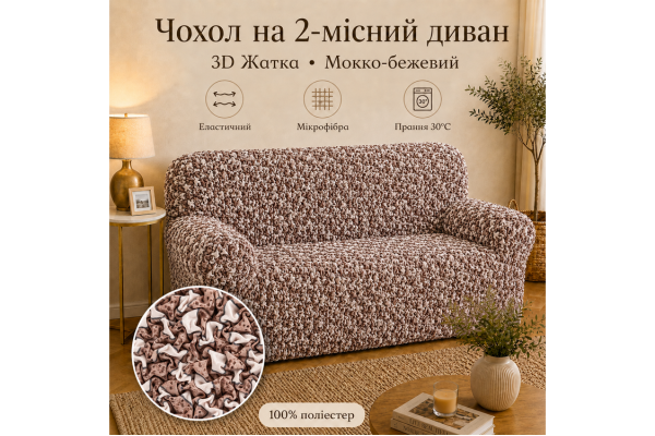 Еластичний чохол на 2-місний диван 3D Жатка мокко-бежевий Love You Italy