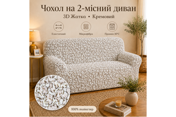 Еластичний чохол на 2-місний диван 3D Жатка кремовий Love You Italy
