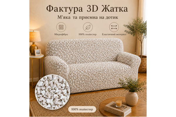 Еластичний чохол на 2-місний диван 3D Жатка кремовий Love You Italy