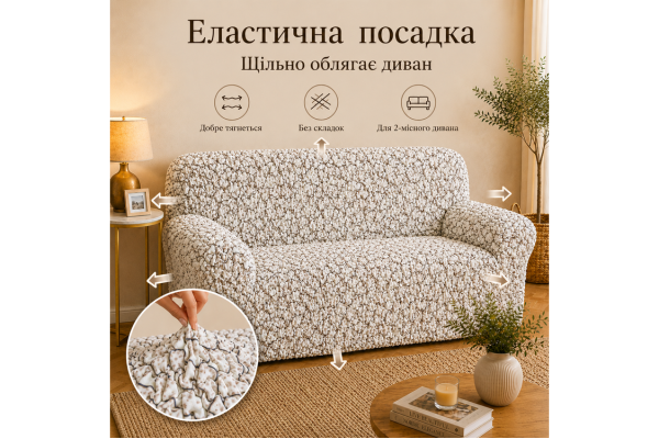 Еластичний чохол на 2-місний диван 3D Жатка кремовий Love You Italy