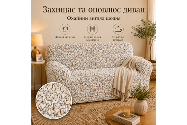 Еластичний чохол на 2-місний диван 3D Жатка кремовий Love You Italy